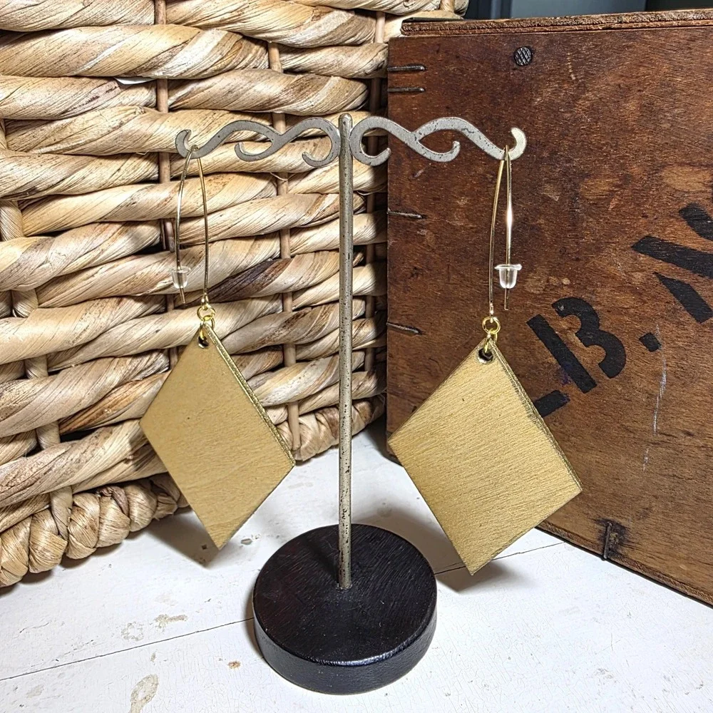Handmade Abstract Wood Statement Earrings OOAK Galaxy Black Gold Metallic Dangle
